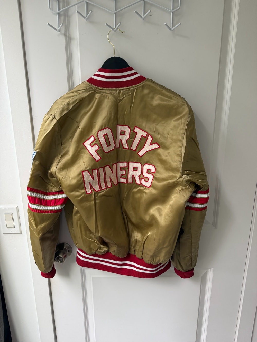 Forty Niners size medium varisty Gold Satin Bomber Jacket with Red Trim